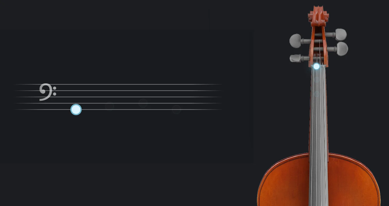 Interactive cello fingerboard map and bass clef sheet music showing pedagogical notes