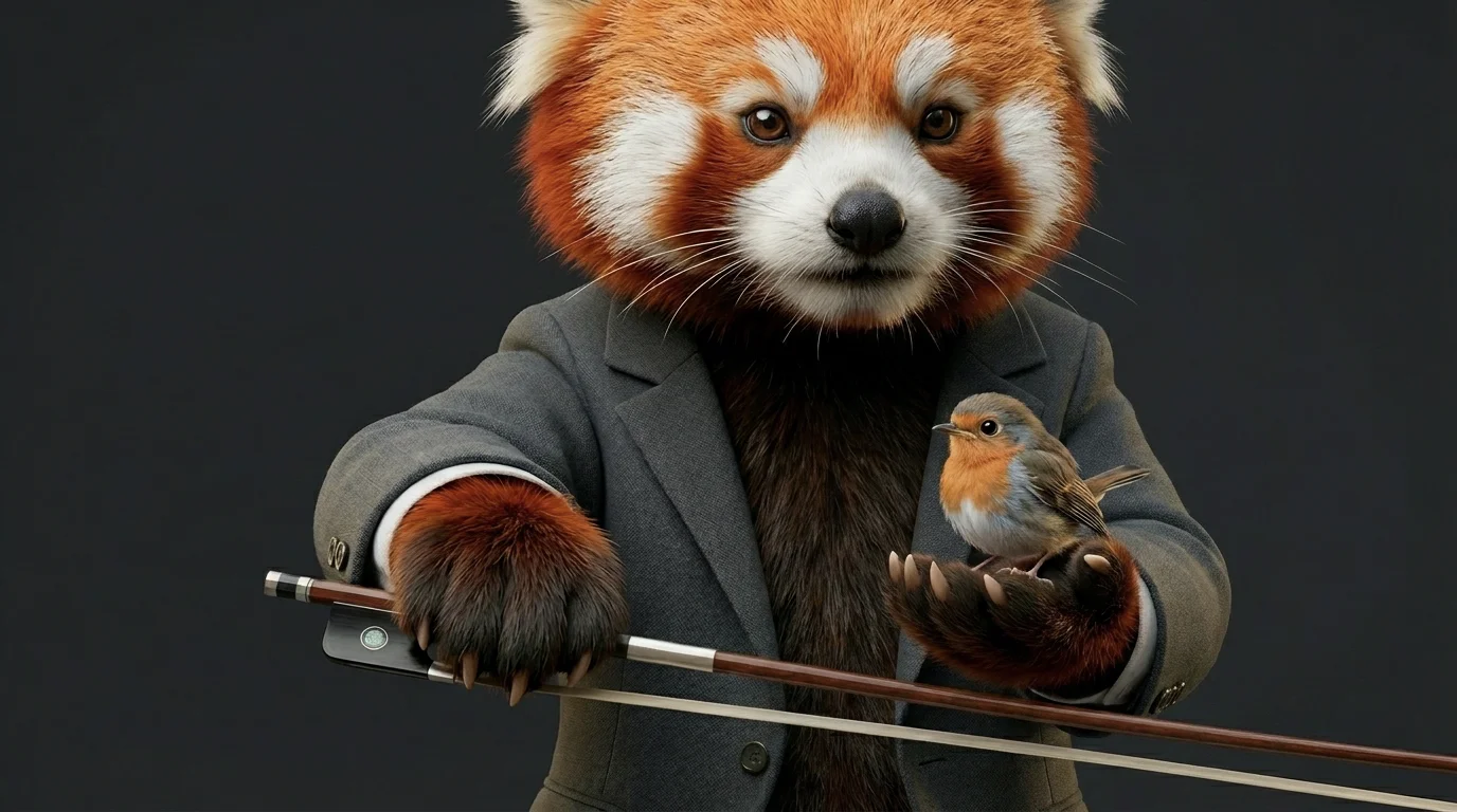 Red panda cellist demonstrating a relaxed bow hold